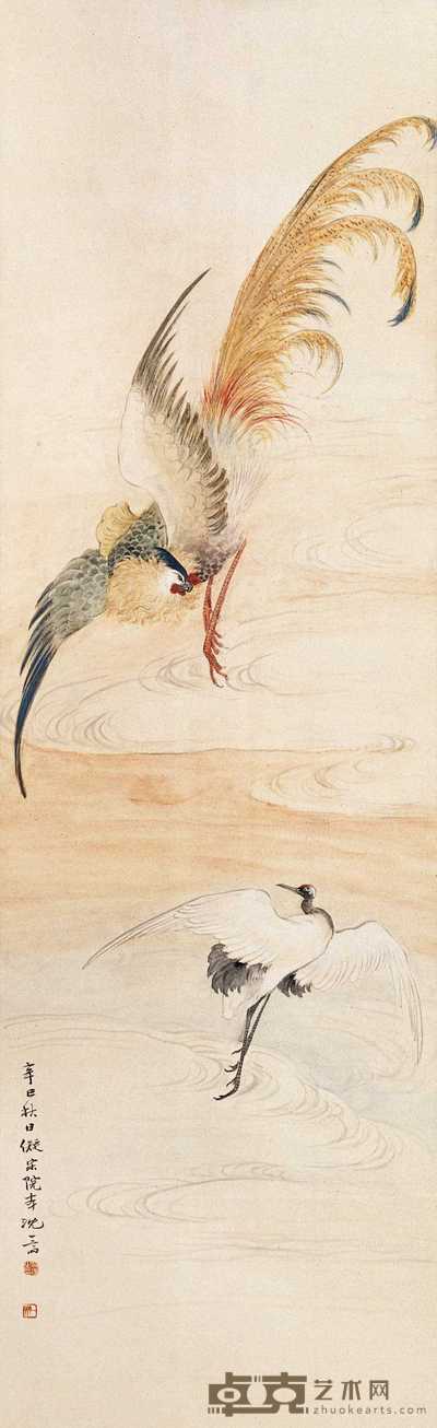 沈广 1941年作 鹤鸣凤舞图 立轴 109.5×33.2cm